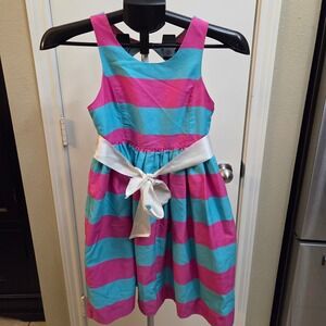 Chaps Girls Size 12 Pink Blue Striped Sleeveless Fit Flare Party Dress Sash Back
